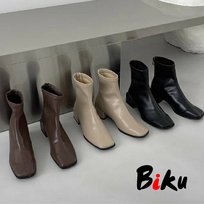 東大門  時尚歐膩素面方頭積木跟襪靴 低跟短靴-BIKU/B酷