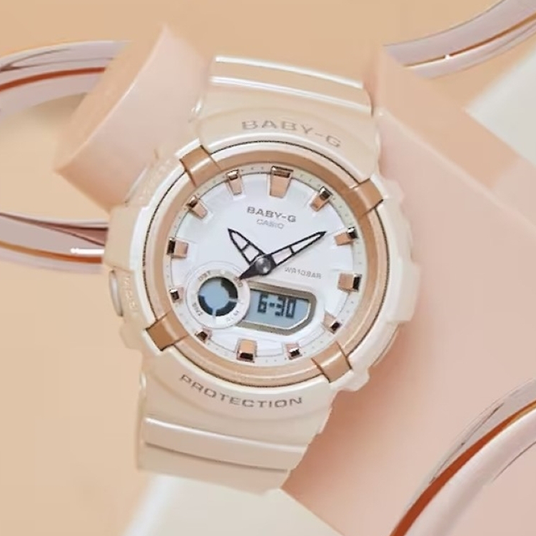 CASIO卡西歐 BABY-G 俐落簡約 優雅杏 珍珠光感錶圈 雙顯系列 BGA-280BA-4A
