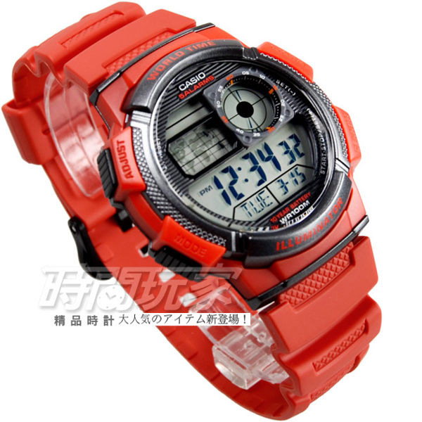 CASIO卡西歐 AE-1000W-4A 原價1210 10年電力 飛機儀表板 紅 橡膠錶帶 電子錶 紅色【時間玩家】