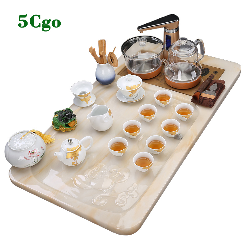 5Cgo【茗道】含稅功夫茶具套裝家用輕奢高檔玉石茶盤套裝全自動一體單獨大理石茶盤t610307786380