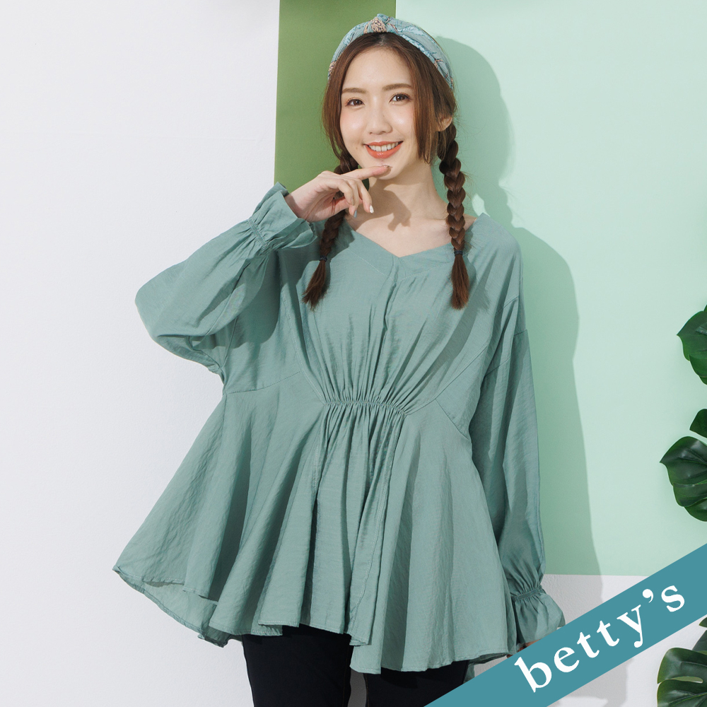 betty’s貝蒂思(21)V領剪接腰抽皺上衣(淺綠)