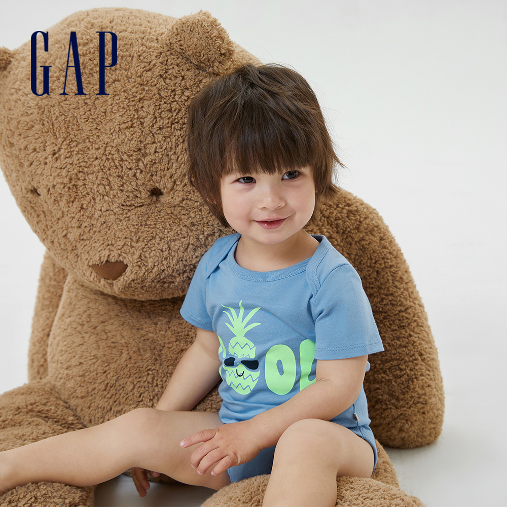 Gap 嬰兒裝 Logo/印花純棉短袖包屁衣 布萊納系列-藍色(668142)