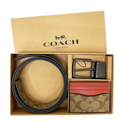 【COACH】C LOGO雙面用男款寬版皮帶名片卡夾禮盒(焦糖/紅)