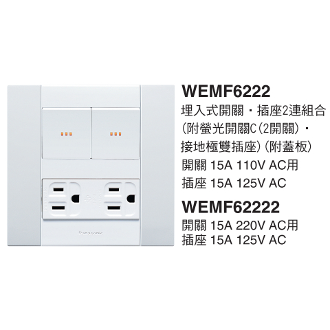 國際牌 銀河系列 螢光開關 2開關2接地插座 WEMF6222