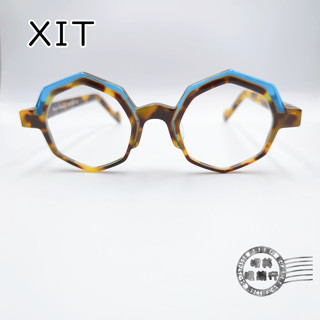 XIT eyewear V313多角形撞色(水藍X玳瑁色)透明手工鏡框/光學鏡框/明美鐘錶眼鏡