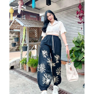 現貨 泰國🇹🇭輕薄民族風格 手藍染束口繩拔腰圍 顯瘦修身長褲可以穿到 XL