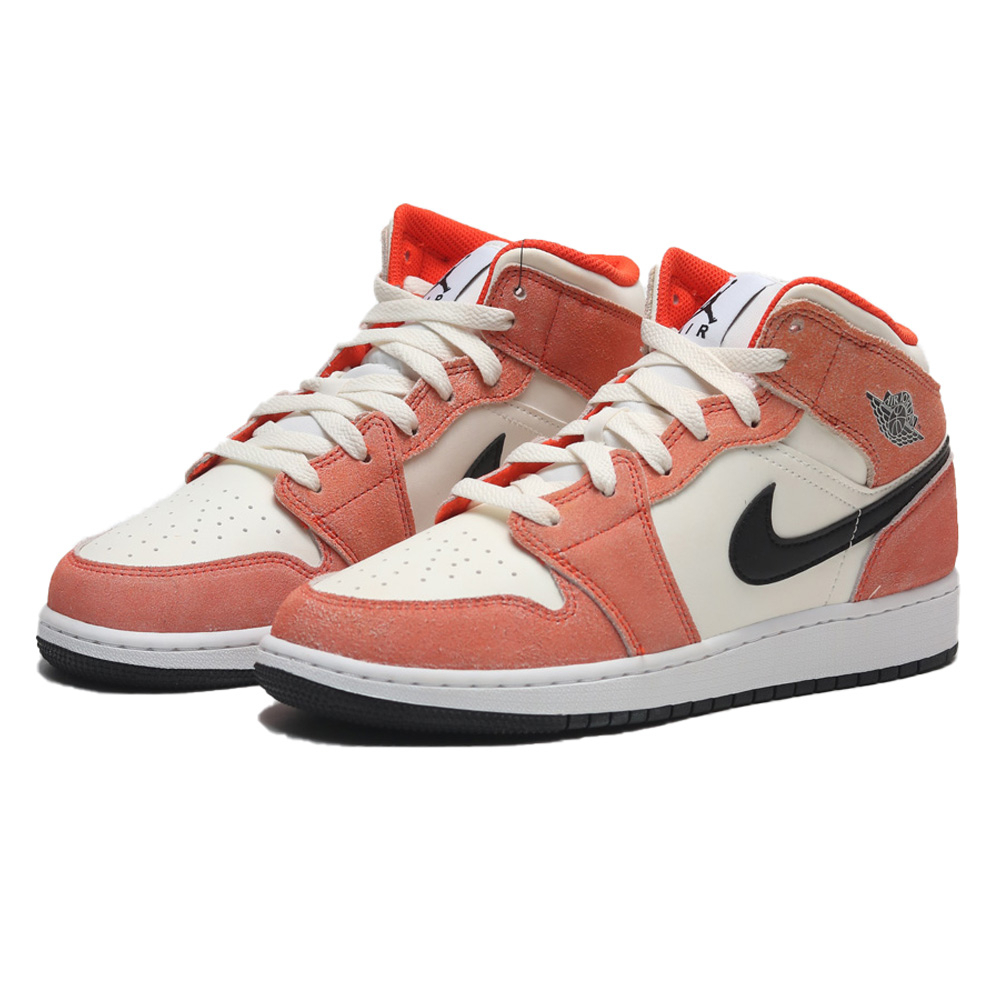 NIKE 休閒鞋 AIR JORDAN 1 MID SE GS 粉橘 仿舊 麂皮 大童 女 DV1336-800