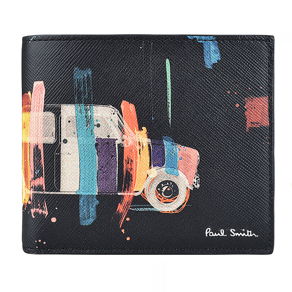 PAUL SMITH 字母LOGO汽車造型塗鴉設計防刮牛皮8卡對折短夾(黑x多色)