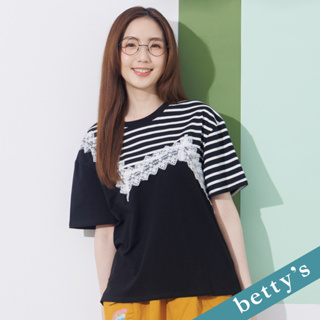 betty’s貝蒂思(21)拼接條紋蕾絲開衩上衣(黑色)