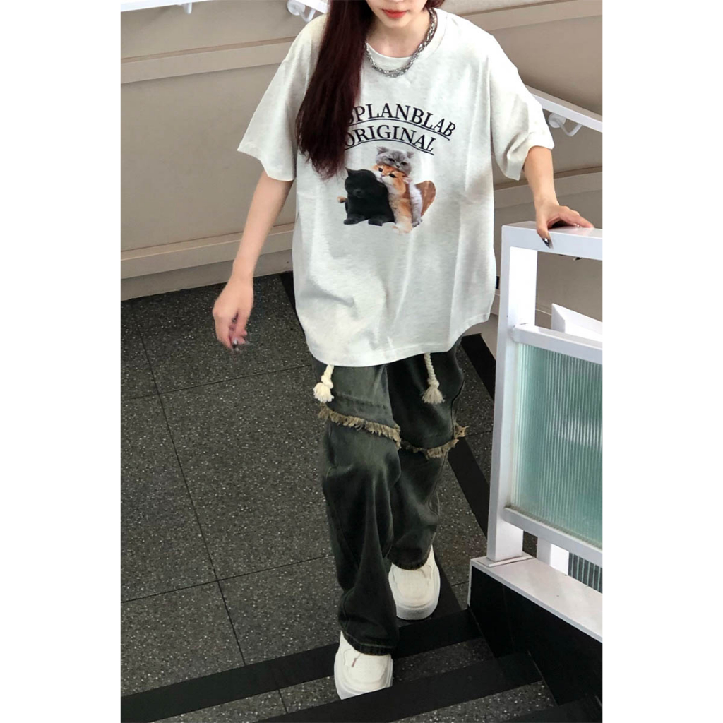 CHAOO 纯棉 短袖 t恤 短袖上衣 花灰色 短袖衣服女 oversize 原宿风 設計感上衣 下半身失蹤 女生上衣