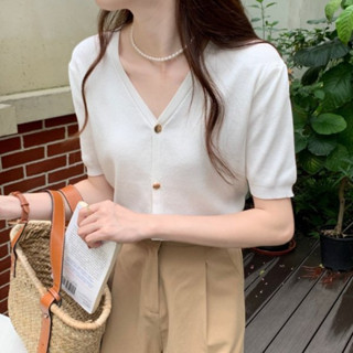愛依依 上衣 針織衫 短袖T卹 新款V領冰絲針織開衫上衣女泡泡袖顯瘦遮肚子ins潮寬鬆冰爽絲BC1030-3393.