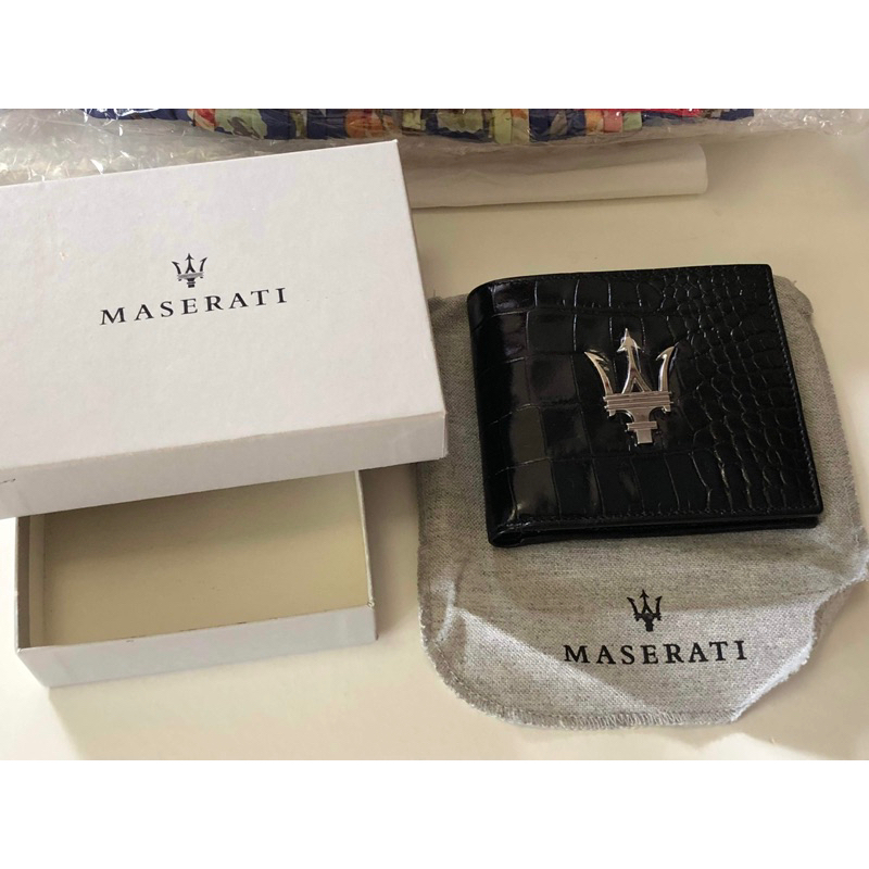 ［清倉拋售］全新 Maserati 瑪莎拉蒂 正牌 義大利原裝 黑色真牛皮 鱷魚紋 橫式皮夾