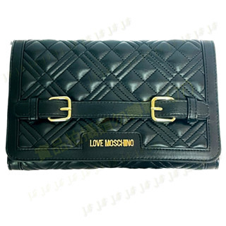 【全新正品】LOVE MOSCHINO 菱格紋皮帶釦裝飾金鍊包/側肩包/斜背包/黑色 (J.F)