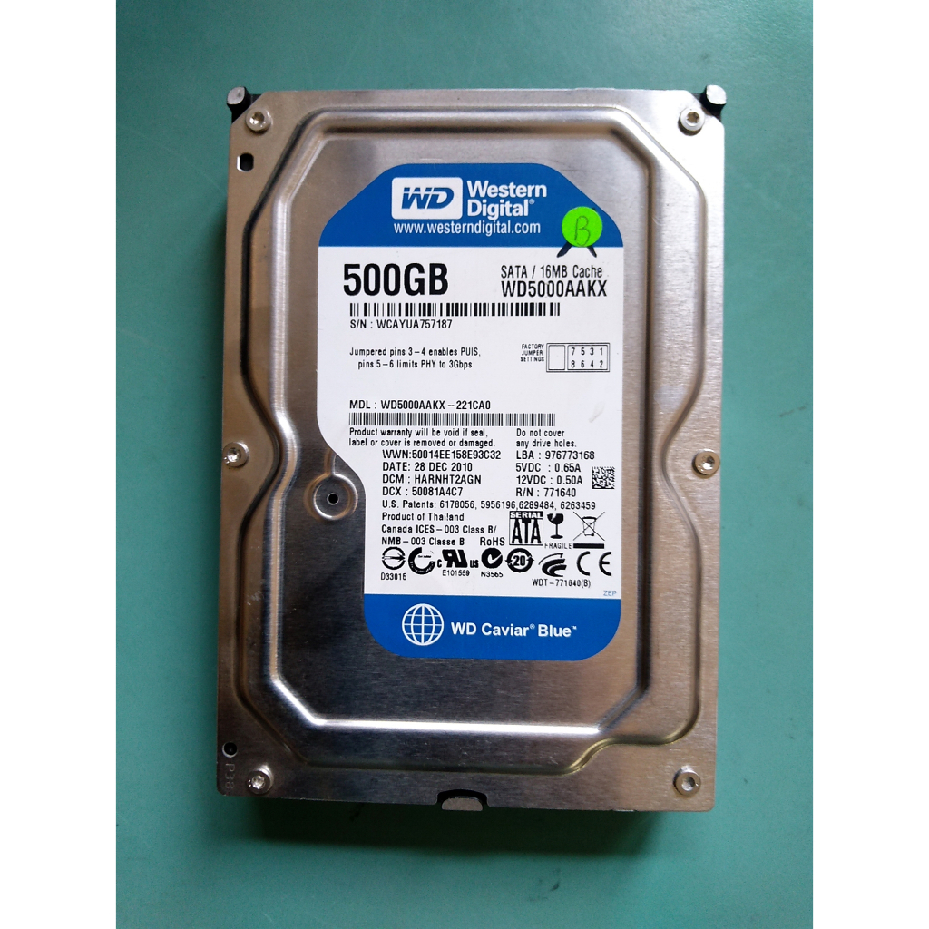 WD藍標 3.5吋 500GB(500G) SATA硬碟 WD5000AAKS-22V1A0 (瑕疵) A147