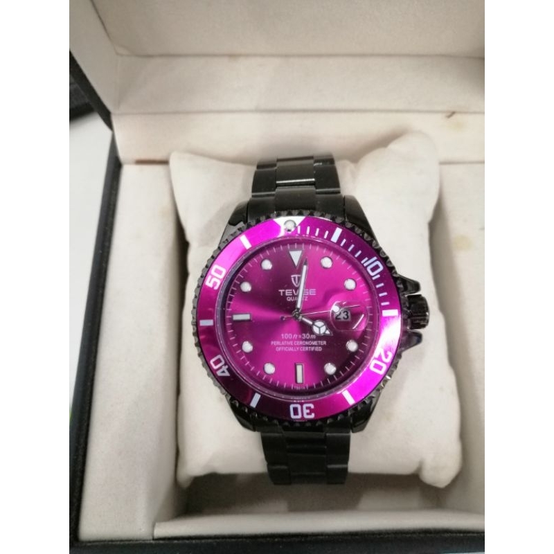 特威斯紫色黑鋼錶帶手錶帶日期