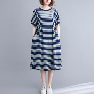 衣時尚 洋裝 條紋裙 休閒裙 新款新款氣質長裙夏裝設計感藍色條紋T卹連身裙子1F082-.7654.