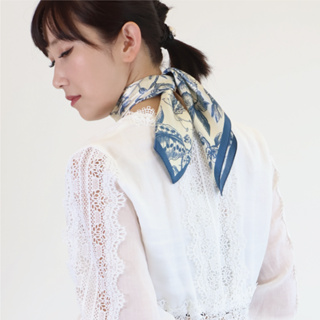青花瓷花朵－藍｜頂級法式蠶絲方巾 BANNIES 蠶絲巾 絲巾 蠶絲 方巾
