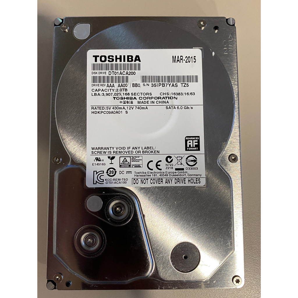 (二手硬碟) 完整測試無壞軌Toshiba 東芝 2TB 3.5吋 7200轉 SATA3 DT01ACA200