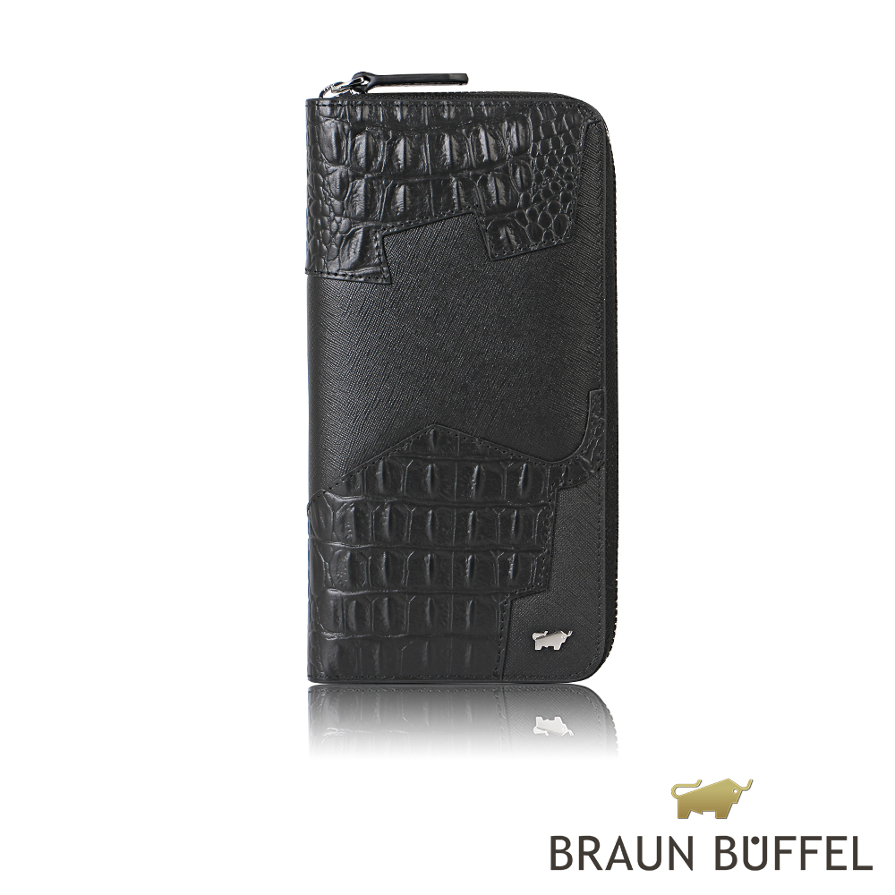 【BRAUN BUFFEL 德國小金牛】台灣總代理 佛洛 21卡全開拉鍊長夾-黑色/BF501-603-BK