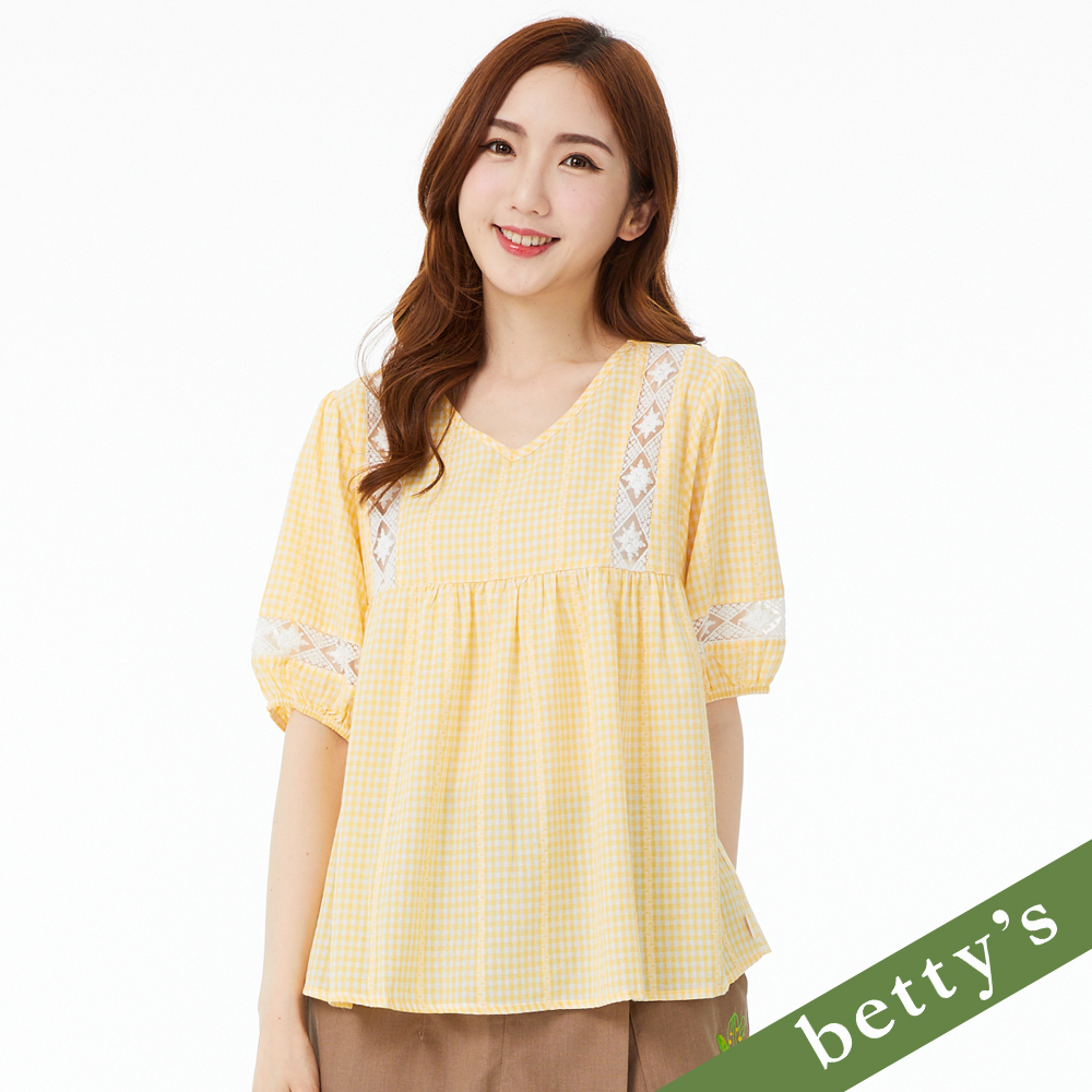 betty’s貝蒂思(21)蕾絲拼接V領格子上衣(黃色)