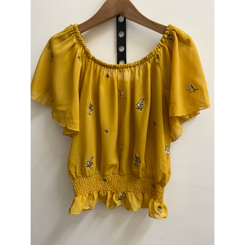 日本品牌heather芥末黃色刺繡小花雪紡紗腰圍鬆緊帶袖子荷葉設計上衣