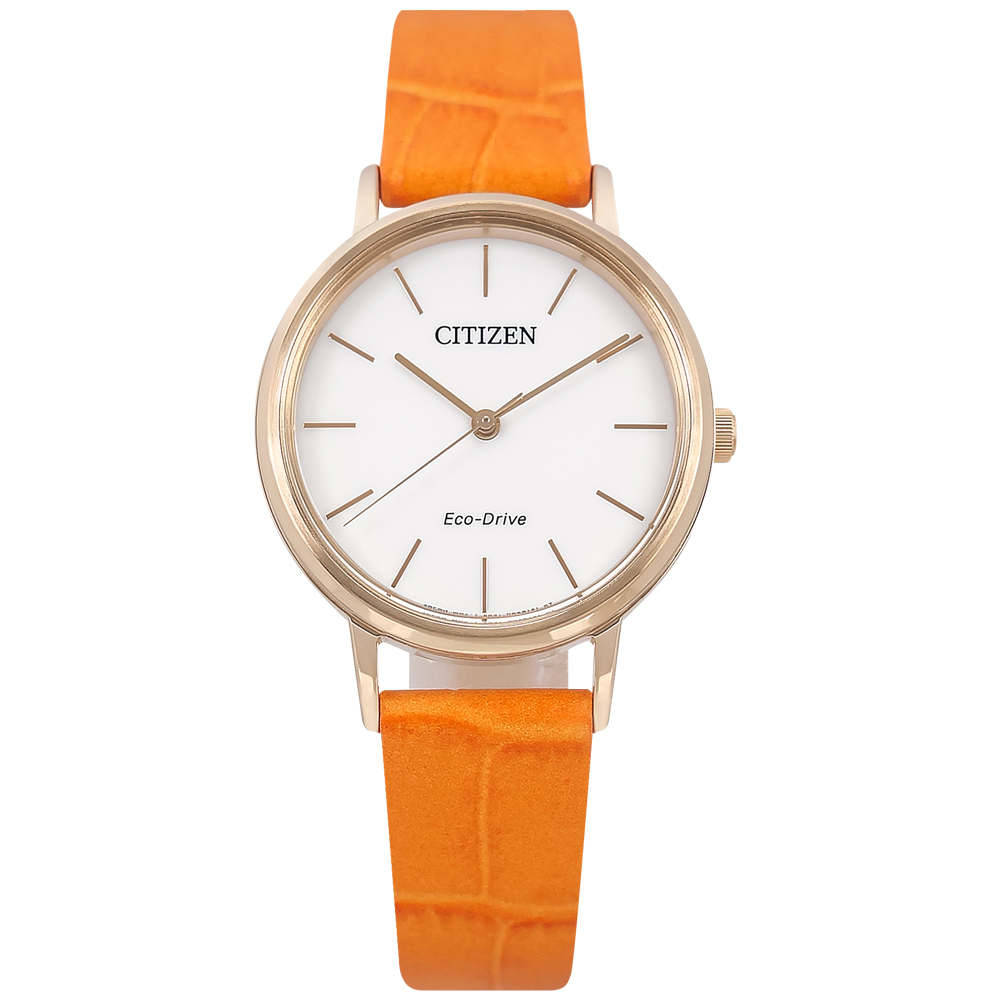 CITIZEN / 光動能 簡約優雅 日本機芯 壓紋真皮手錶 白x玫瑰金框x橘 / EM0577-28A / 30mm