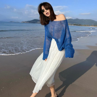 胖胖美依 罩衫 鏤空上衣 簡約鏤空輕薄微透長袖針織衫春季新款女2F099.6823