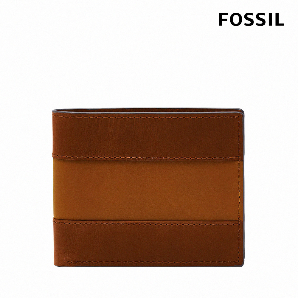 【FOSSIL 官方旗艦館】Everett 真皮拼色翻轉證件格短夾-棕色 ML4397210 (禮盒組附鐵盒)