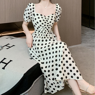 衣時尚 洋裝 連身裙 收腰洋裝S-XL泡泡袖連身裙夏季方領法式小眾設計感圓點印花長裙T605-6910.