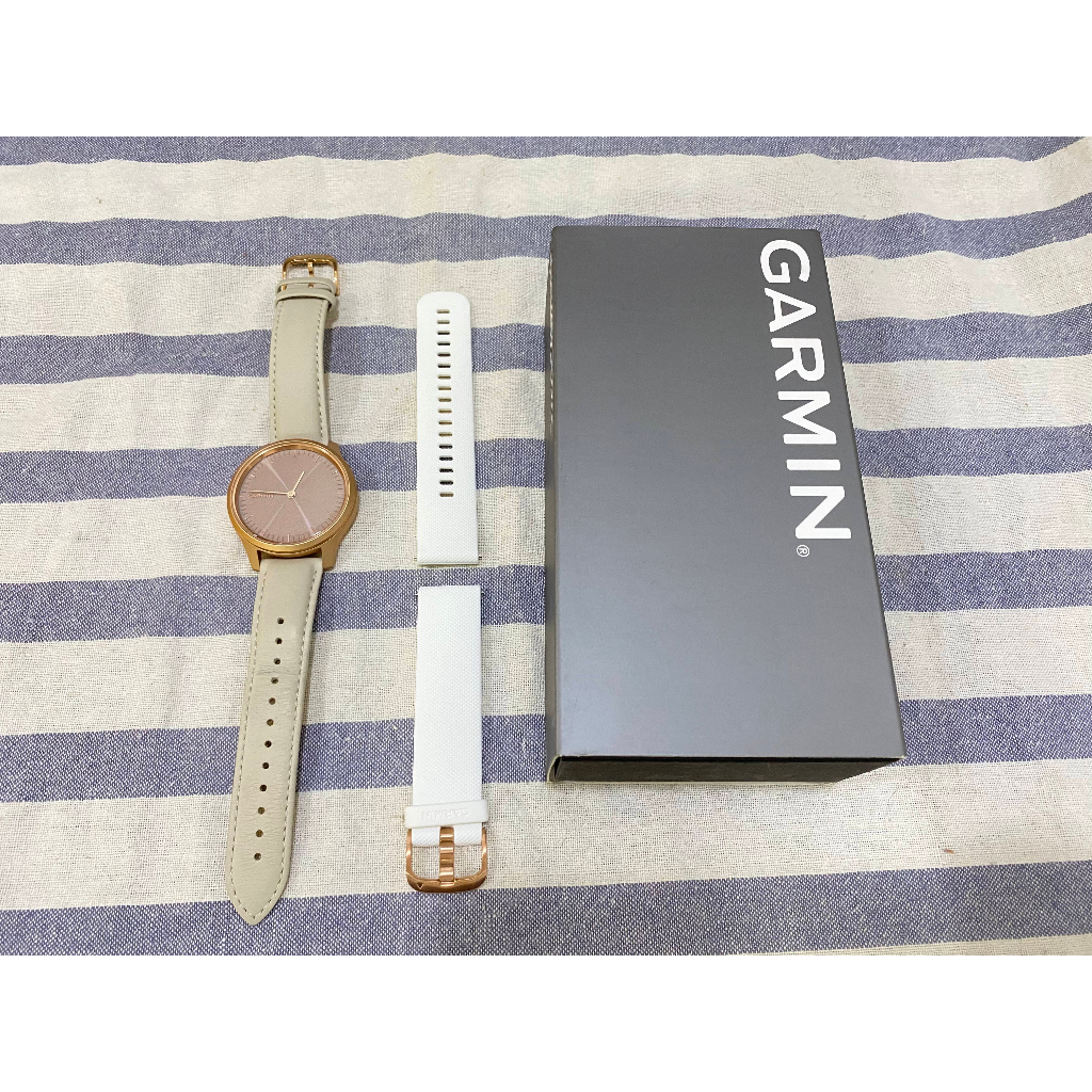 [二手] Garmin vivomove Style 指針智慧腕錶（柔白玫瑰金） (矽膠+皮革錶帶)