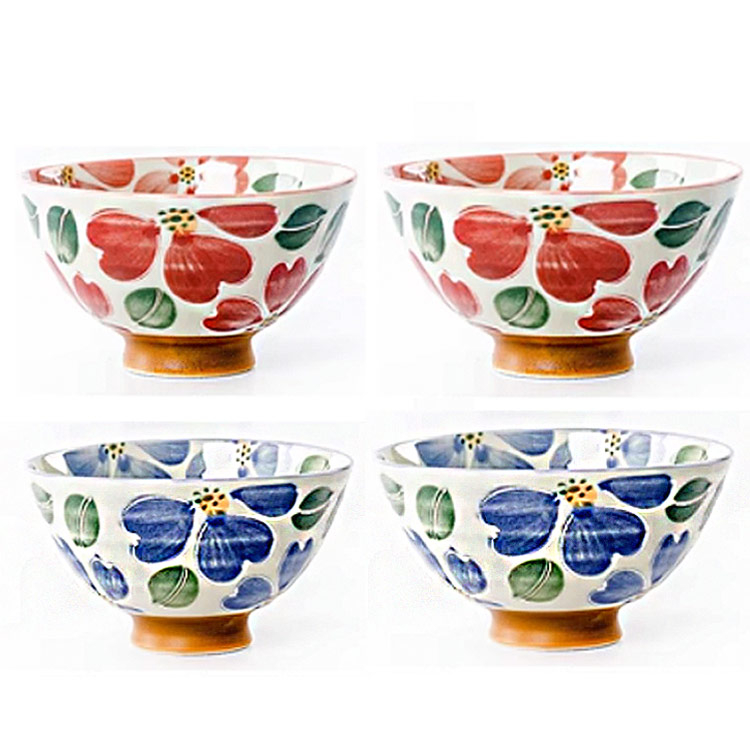 【堯峰陶瓷】日本美濃燒-三色花毛料碗/大平碗/藍色 紅色(單入)|日本花|情侶 親子碗|日式飯碗|日本製陶瓷碗