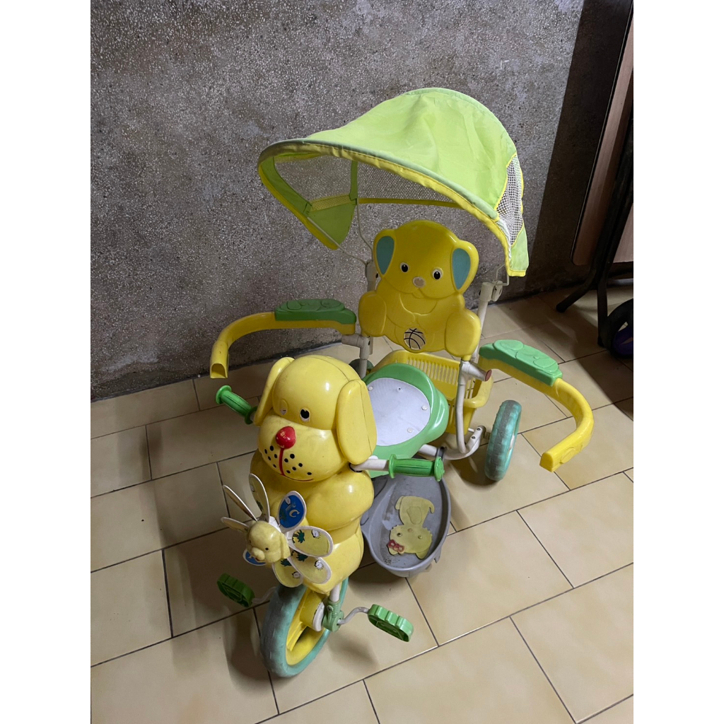 二手 寶寶 兒童 幼兒 三輪車 腳踏車 有護欄 有遮陽頂蓬 七成新 狗狗風車黃綠拼色造型