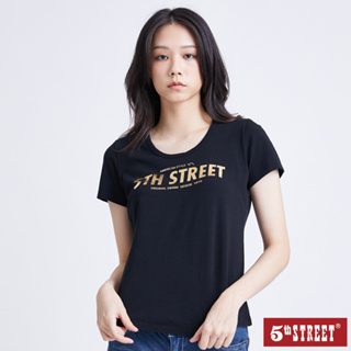 5th STREET 女裝燙金粗體LOGO短袖T恤-黑色