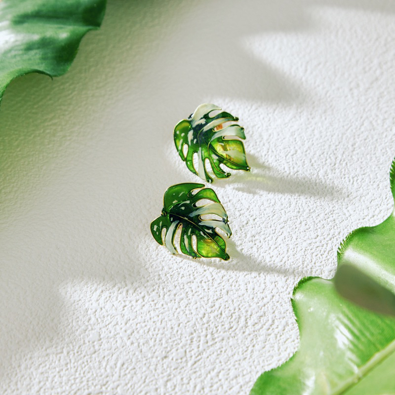 手工樹脂觀葉植物泰斑龜背芋耳環