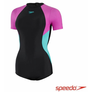 【詹姆士的店】Speedo 女 運動短袖連身泳裝 Colourblock 黑/粉紅/藍