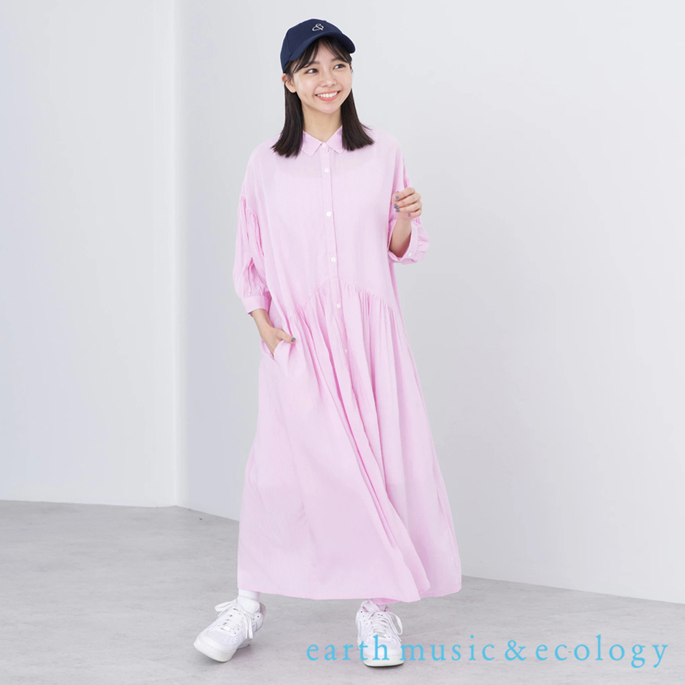 earth music&amp;ecology 直條紋人造絲襯衫式短袖洋裝(1L32L0H0300)