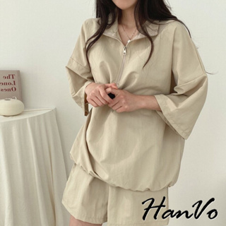 【HanVo】韓妞的拉鍊休閒套裝 透氣涼感親膚拉鍊領套裝 韓系時尚套裝 5966