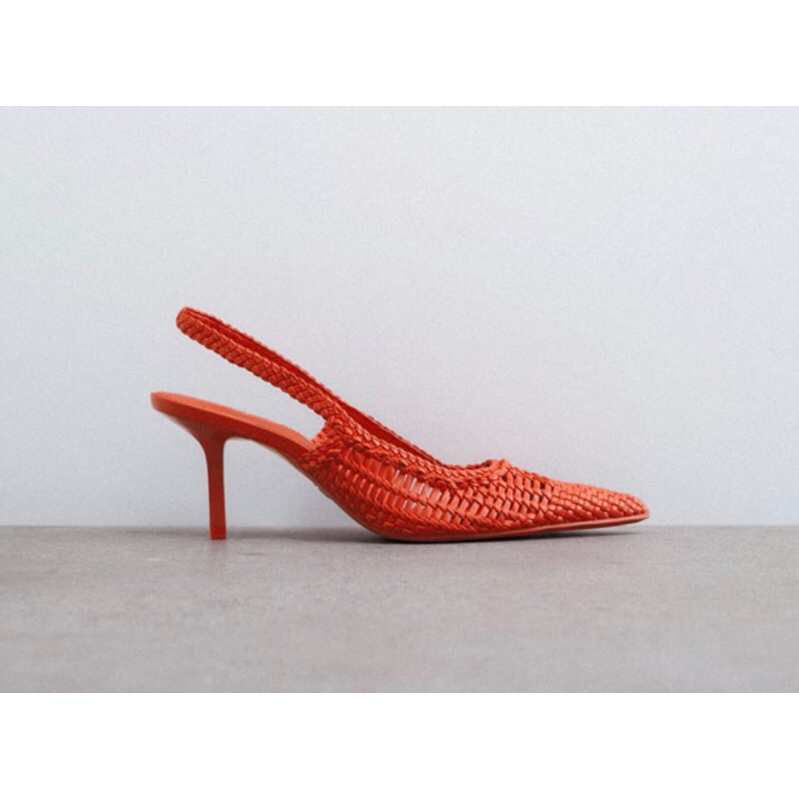 ZARA編織露跟高跟涼鞋🈹免運🈹珊瑚紅，顯白襯膚，尺碼：39號