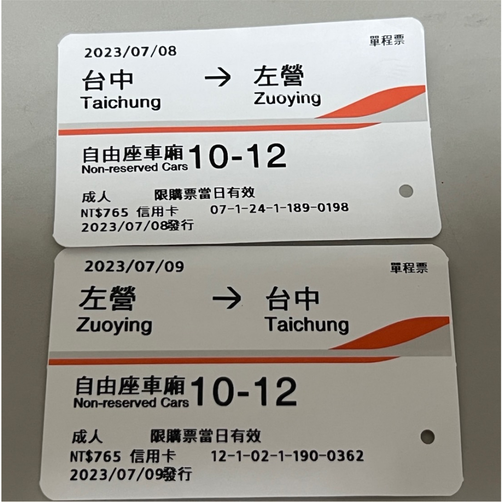 高鐵票根-2023年7月 台中-左營高鐵車票(自由座來回)