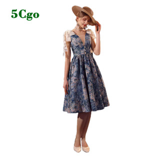 5Cgo.【鴿樓】促銷新款春夏季莫奈藍色大花復古歐式宮廷禮服油畫連衣裙年會生日寫真主持人禮服t675043057921