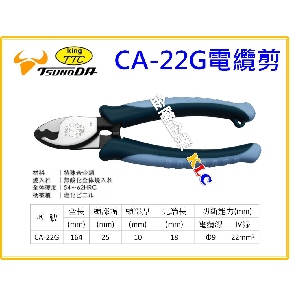 【天隆五金】(附發票) 日本製 TTC 角田 CA-22G 專業電纜剪刀 高空作業電纜剪 膠柄