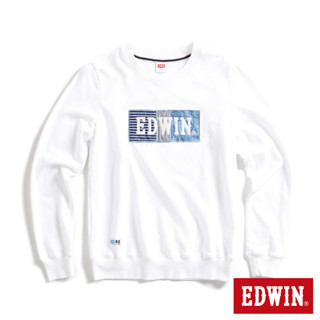 EDWIN 女款 再生系列 CORE 環保丹寧拼貼BOX LOGO厚長袖T恤(米白色)