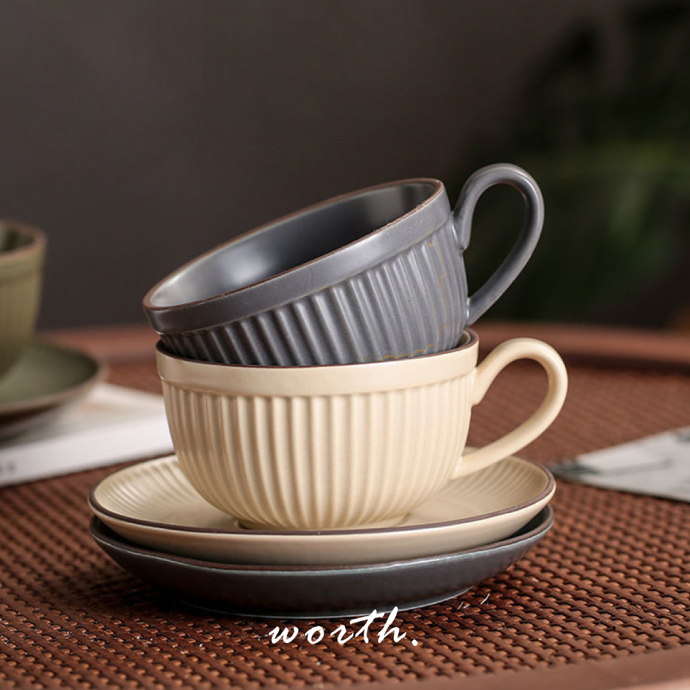 渥思【現貨】職人手作條紋咖啡杯盤組 陶瓷杯 拉花杯 大容量馬克杯