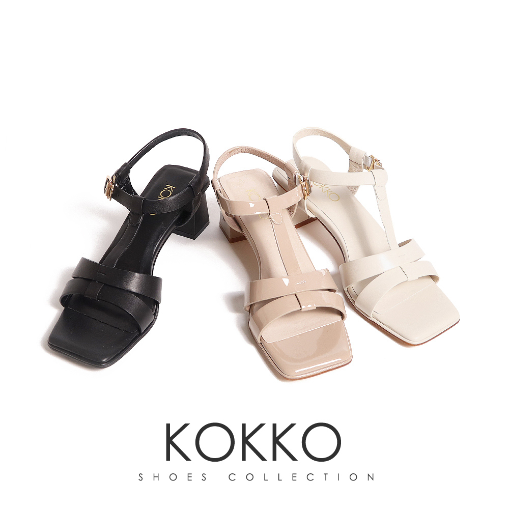 KOKKO簡約工字寬帶顯瘦高跟涼鞋