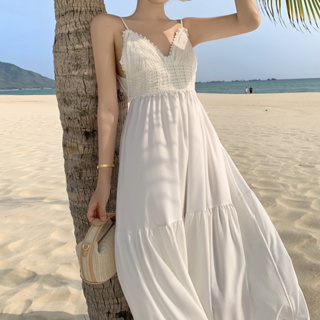 台灣公司❤️開發票 氣質露背 夏季海邊度假連身裙 南洋風 白色長洋裝 白色長裙 簡約洋裝 女裙 沙灘裙 露背 旅遊衣服