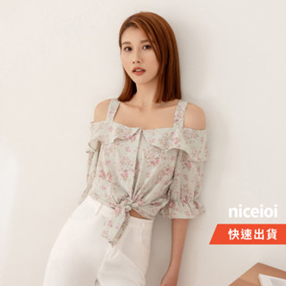 niceioi【特惠】百花爭艷碎花一字領排釦上衣 女裝