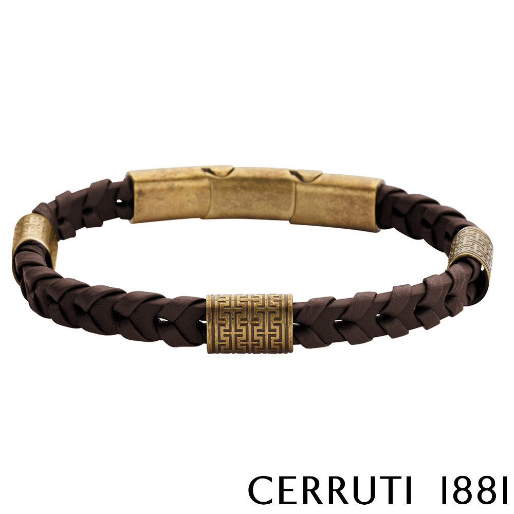 【CERRUTI 1881】義大利 經典 不鏽鋼 皮革 手環 金咖啡色 限量2折 全新 專櫃 展示品 (CB0603)