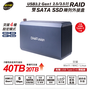 伽利略 USB3.2 Gen1 2.5/3.5吋 RAID 雙SATA SSD 陣列外接盒 (HD-338U32R)
