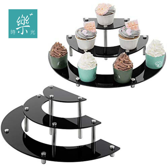 台灣現貨《樂+時光》拆卸黑色階梯架 3層蛋糕壓克力展示架 半圓形甜品擺放架化粧品展示架