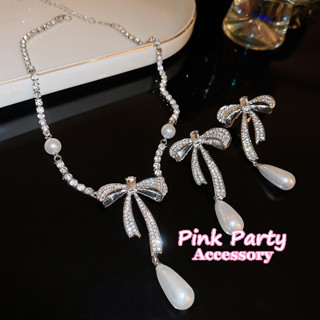 【項鍊】精緻甜美 立體水鑽蝴蝶結珍珠吊墜項鍊 耳環 新娘項鍊 PinkParty❤韓系飾品